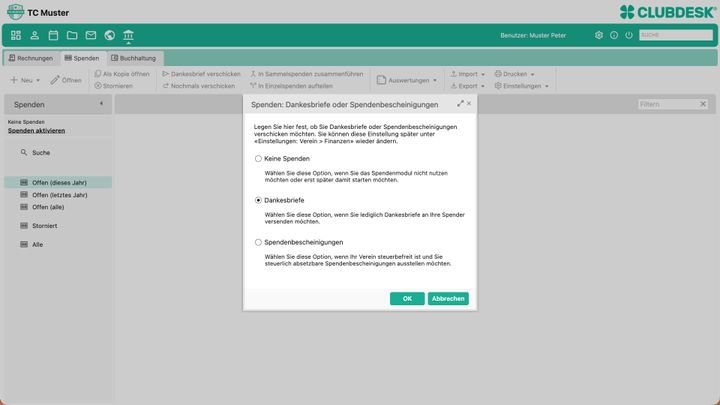 Dank des neuen Spendenmoduls verwalten Sie alle Geldspenden und verschicken direkt aus ClubDesk heraus Bescheinigungen und Dankesbriefe.