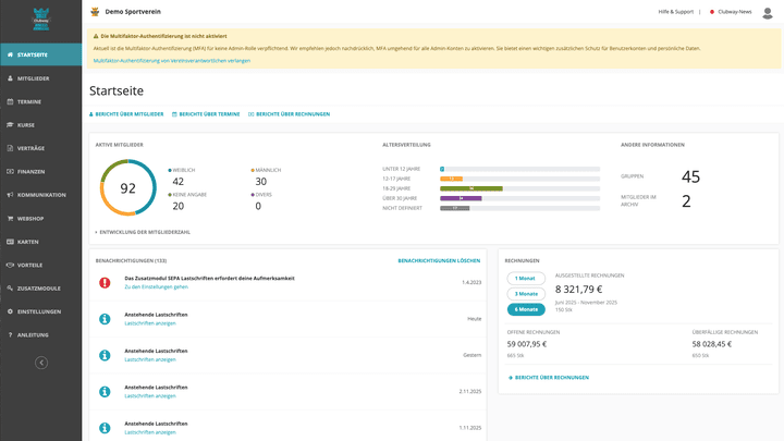 Clubway erlaubt dir eine übersichtliche Verwaltung deines Vereins und seiner Mitglieder. Das Tool bietet eine klare und überschaubare Oberfläche und nützliche Berichte bereits auf der Startseite.
