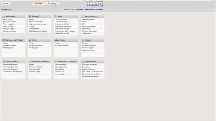In der Funktionsübersicht sehen Sie alle Module von Collmex Verein