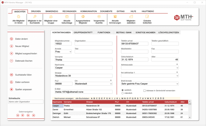 Mit dem Vereins-Manager von MTH verwalten Sie Ihre Mitglieder in übersichtlichen Datenbanken
