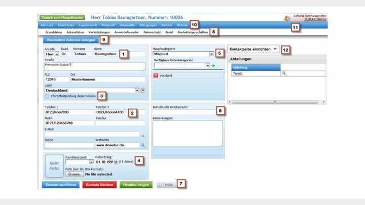 Ein Mitglieds-Datensatz im Sewobe VereinsManager
