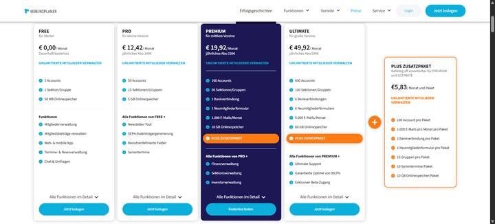 Die Preise und Pakete von Vereinsplaner im Überblick.