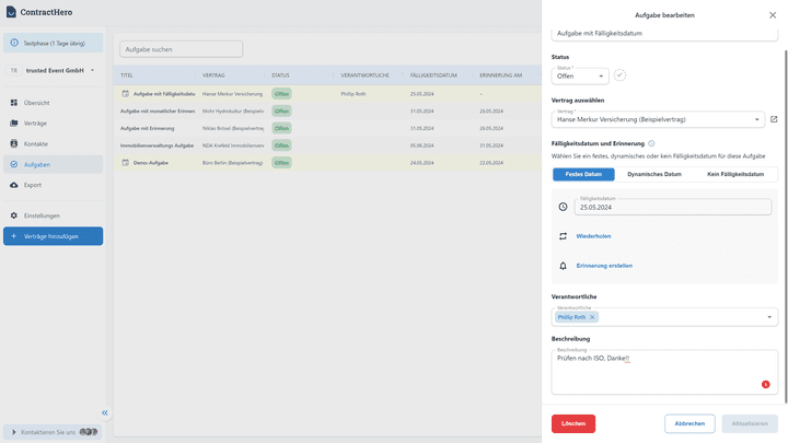 Aufgaben erstellst du mit wenigen Klicks direkt im jeweiligen Vertrag oder in der Aufgabenübersicht