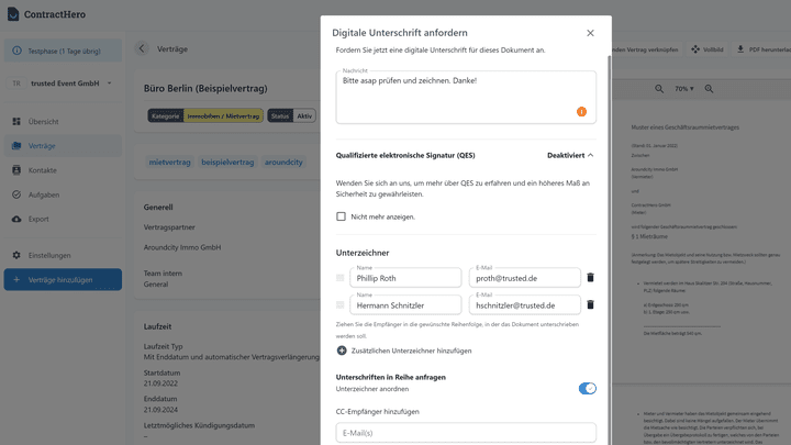 ContractHero unterstützt fortgeschrittene und qualifizierte elektronische Unterschriften