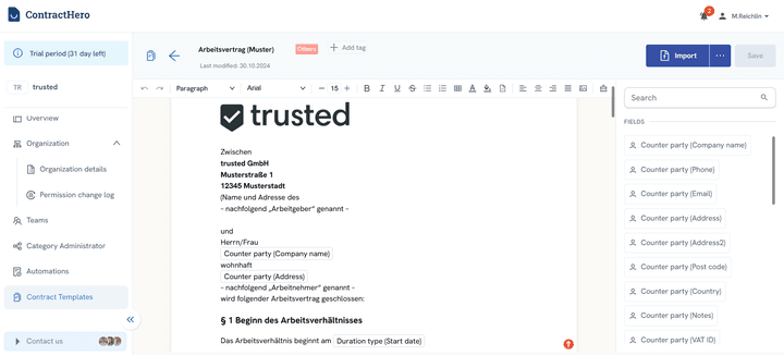 Der Dokumenteneditor von ContractHero ist recht überschaubar, lässt dich aber trotzdem eigene Vorlagen für deine Verträge ähnlich wie in MS Word anlegen und formatieren