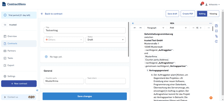 In der Vorlage eingebaute Platzhalter lassen sich schnell und einfach durch eigene Daten ersetzen; hier z.B. wurde der Platzhalter für den Vertragspartner durch den Namen der “Musterfirma” ausgetauscht