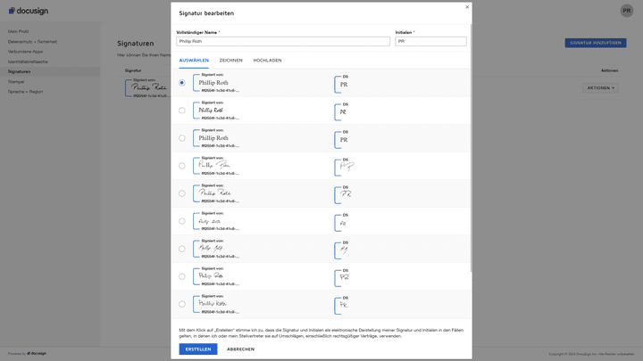 Cool: Docusign liefert verschiedene Vorlagen für Signaturen