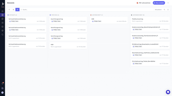 Mit dem Kanban-Board behältst du alle Vertragsprozesse während jeder Phase im Blick