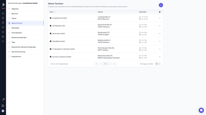 Du kannst Vertragsparteien anlegen und mit allen wichtigen Kontaktdaten abspeichern