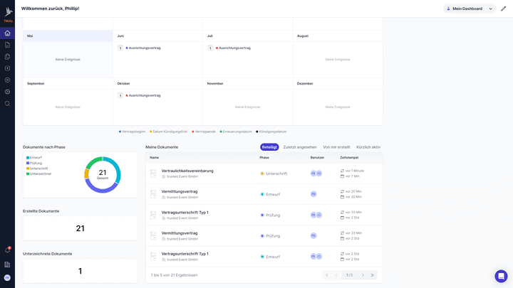 Mit der integrierten Kalenderansicht behältst du anstehende Termine, Fristen und auslaufende Verträge im Blick!