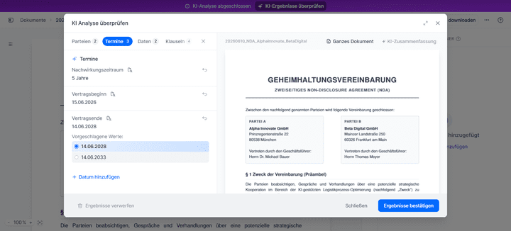 Dank der KI-Vertragsanalyse landen alle Daten und Fristen der hochgeladenen Verträge automatisch in der Datenbank.