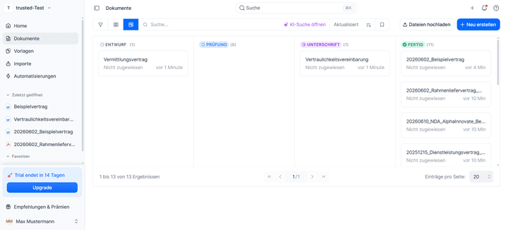 Mit dem Kanban-Board behältst du alle Vertragsprozesse während jeder Phase im Blick