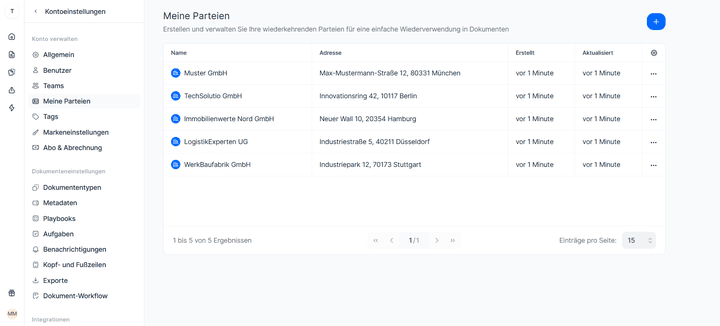 Du kannst Vertragsparteien anlegen und mit allen wichtigen Kontaktdaten abspeichern
