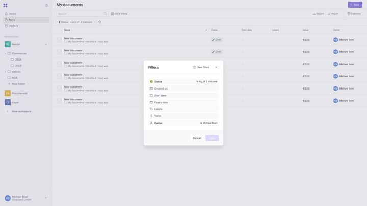 Verträge organisiert Inhubber in klassischen Listen, die sich durch diverse Filter sehr übersichtlich gestalten