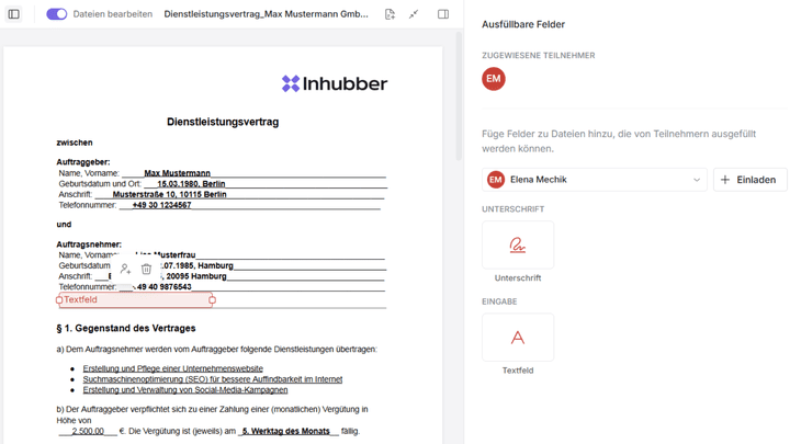 Mit den neuen Bearbeitungsfunktionen erstellt Inhubber editierbare Felder innerhalb deiner PDF-Verträge.