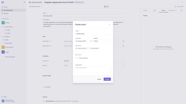 Aufgaben und Events erstellst du in Inhubber direkt in der Vertragsansicht, so hast du alles an einem Ort beisammen