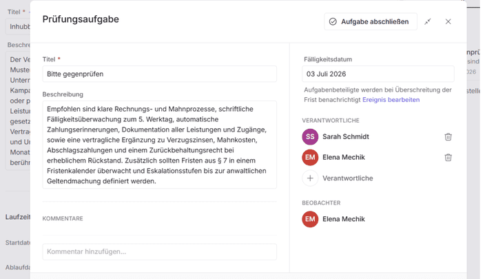 Mithilfe der Vertragsworkflows erstellst du Prüf- und Freigabeprozesse mit mehreren Stufen und Verantwortlichkeiten.