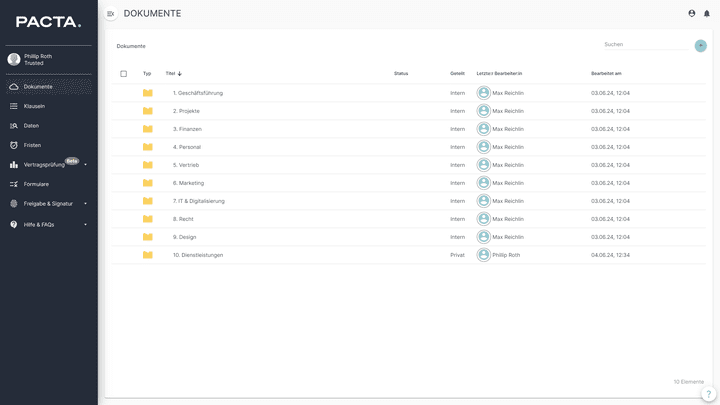 PACTA erlaubt die Erstellung beliebiger Ablage- und Ordnersysteme mit Zugriffsrechten und Verantwortlichkeiten