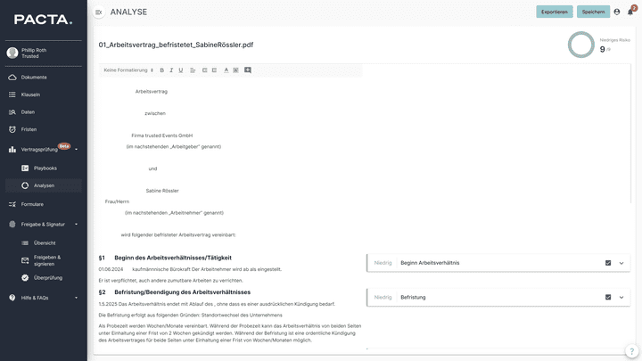 Die KI-Analyse übernimmt nicht nur einfach Vertrags- und Metadaten, sondern erstellt eine Risikoanalyse