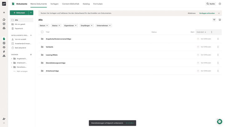 PandaDoc erlaubt die Einrichtung benutzerdefinierter Ordnerstrukturen für die Vertragsablage