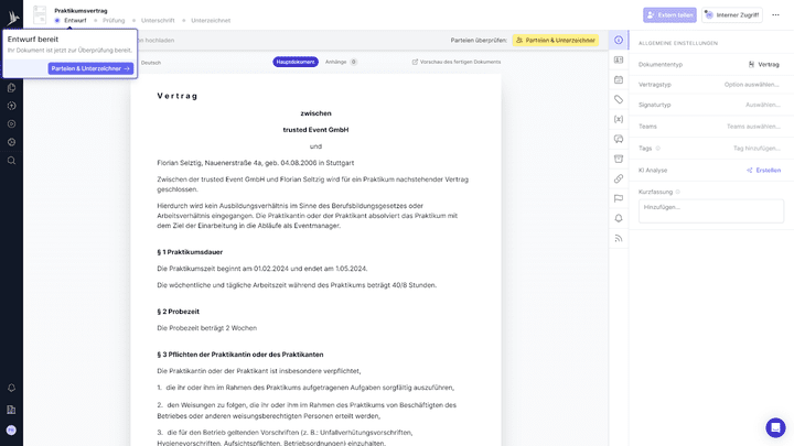 Im Bild der leistungsstarke Vertragseditor von fynk