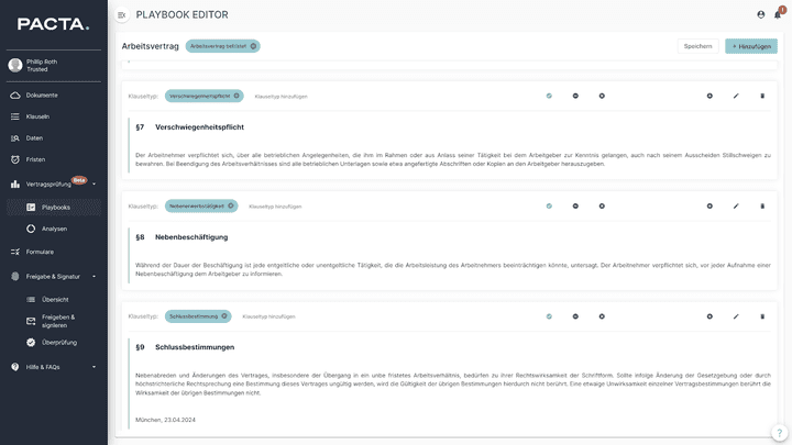 PACTA liefert für die schnelle Vertragserstellung eine integrierte Klausel- und Textbaustein-Bibliothek