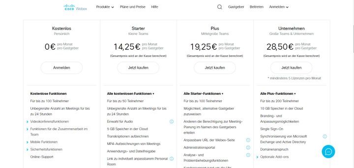 Cisco Webex Meeting gibt es als kostenlose Basisversion oder als drei Premium-Versionen mit mehr Features