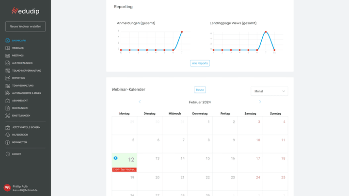 Über das Dashboard oder den Menüpunkt Reportings können Admins unter anderem Kennzahlen zu Anmeldungen und Landingpage-Besuchen einsehen