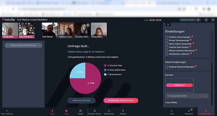 Moderator:innen können jederzeit interaktive Umfragen erstellen und so Meinungen einholen