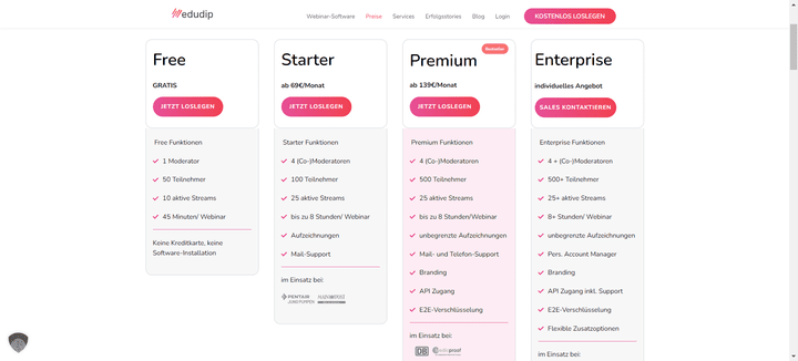 Bei edudip wählen Sie aus vier Tarifen, abhängig davon, wie viele Webinarteilnehmer:innen Sie benötigen