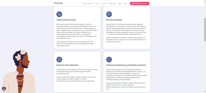 Auf der Anbieterwebsite von edudip können Sie sich über alle Eckpunkte bezüglich Datenschutz und Sicherheit informieren