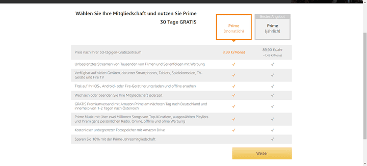 Die Standard-Tarife für Amazon Prime siehst du hier einmal im Überblick; achte allerdings darauf, dass du einen Aufpreis zahlen musst, wenn du die Werbung deaktivieren willst