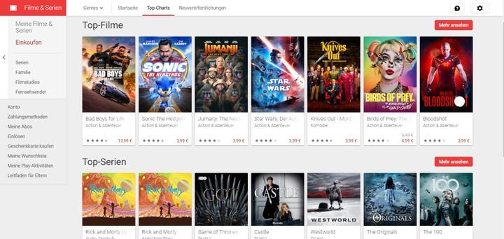Im Google Play Store (Filme & Serien) finden Sie aktuelle Blockbuster, Filmklassiker sowie Serienhighlights in einer gut sortierten Bibliothek