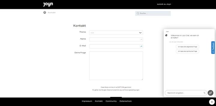Persönlichen Support bekommen Sie bei Joyn nur auf schriftlichem Wege, per Kontaktformular oder Live-Chat