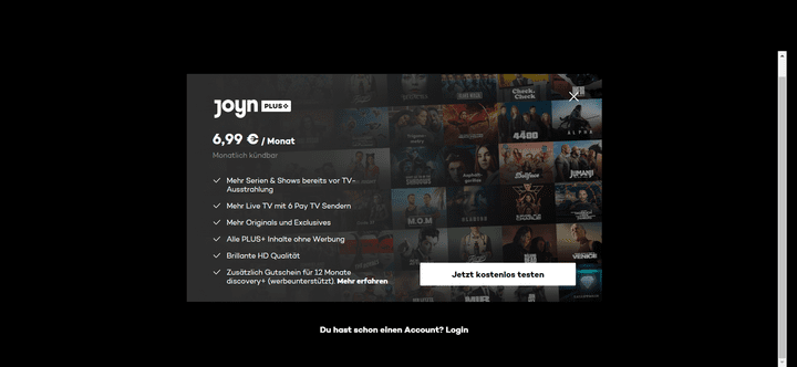 Für Premium-Inhalte wie Filme und Serien und Live-Sender in HD benötigen Sie Joyn PLUS+ für 6,99 Euro pro Monat