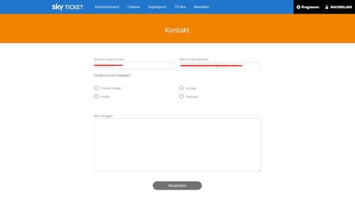 Über ein Webformular können Sie Kontakt zum Serviceteam von Sky aufnehmen - wenn Sie Glück haben