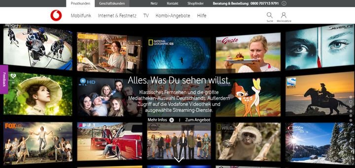 Vodafone GigaTV verbindet klassisches Fernsehen (per Kabel oder Internet) mit einem riesigen Online-Angebot an Mediatheken und VoD