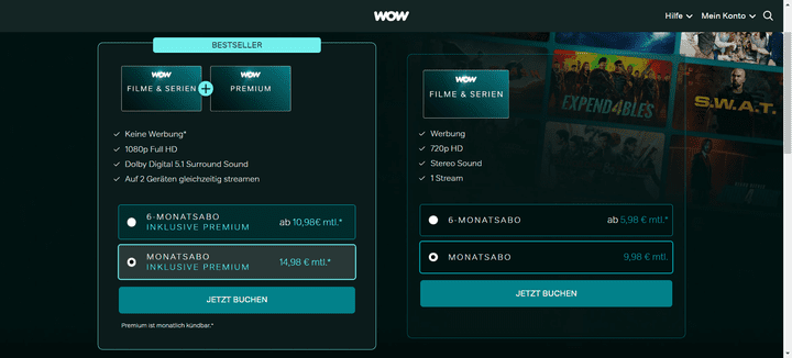 Das Abo für Filme & Serien bei WOW gibt es in verschiedenen Laufzeiten und mit oder ohne Premium-Abo