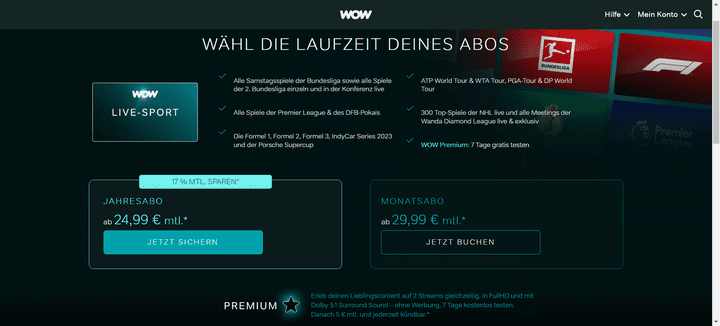Die Preise und Angebot für das Live-Sport-Programm auf WOW im Überblick
