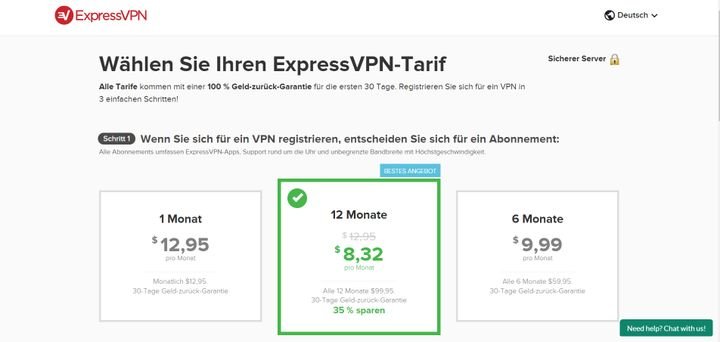 ExpressVPN bekommen Sie als flexibles Monatsabo oder in längerfristigen Halbjahres- und Jahresverträgen