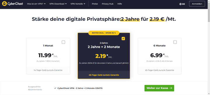 Die verfügbaren Laufzeiten und Preise für CyberGhost VPN im Überblick