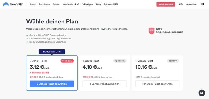 Bei NordVPN haben Sie die Wahl aus drei verschiedenen Laufzeiten für Ihr Abo