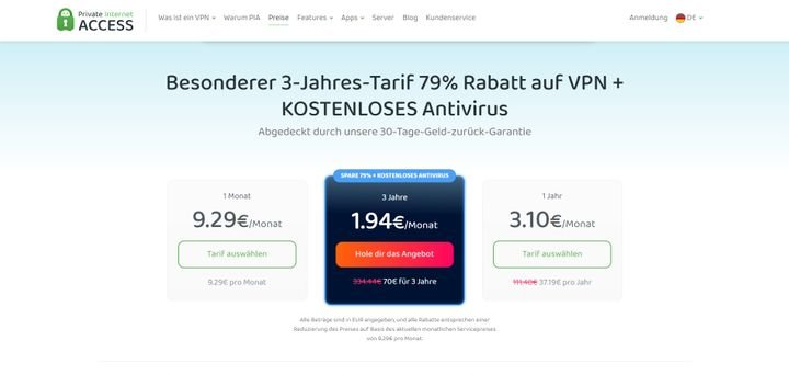 Private Internet Access ist für zwischen 1,94 und 9,29 pro Monat verfügbar