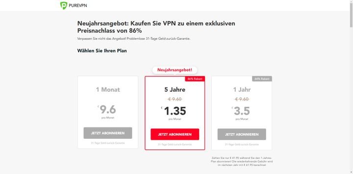 PureVPN bekommen Sie für zwischen 1,35 Euro und 9,60 Euro pro Monat