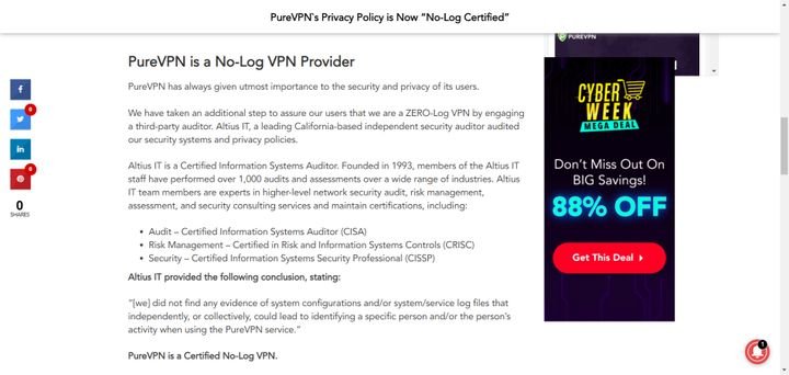 PureVPN verpflichtet sich dazu, keine Logs über Aktivitäten und Verbindungen der User anzulegen oder zu speichern