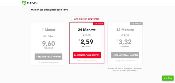 PureVPN bekommen Sie für zwischen 2,59 Euro und 9,60 Euro pro Monat