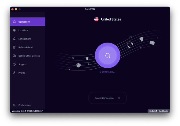 Die Oberfläche von PureVPN wirkt schlicht und modern