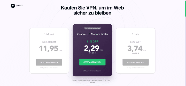 PureVPN bekommen Sie für zwischen 1,99 Euro und 10,95 Euro pro Monat