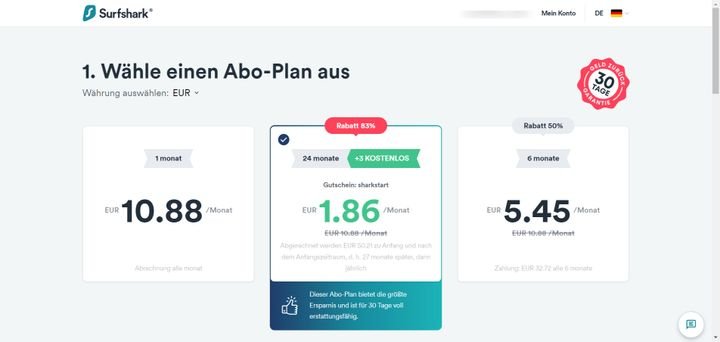 Surfshark können Sie in Abos für 1 Monat, 6 Monate oder 24 Monate buchen