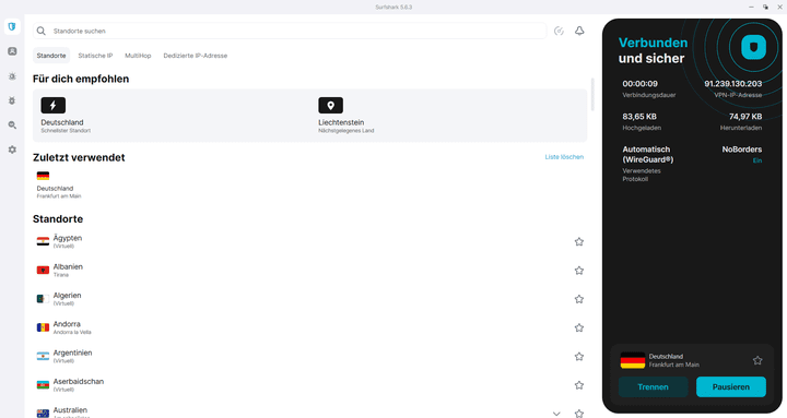 Mittels Quick Connect verbindet Surfshark Sie automatisch mit dem nächsten Server bzw. dem Server mit der besten Performance